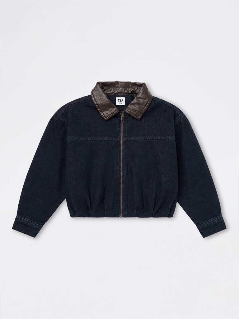 Girls Dark Blue Zip-Front Denim Jacket