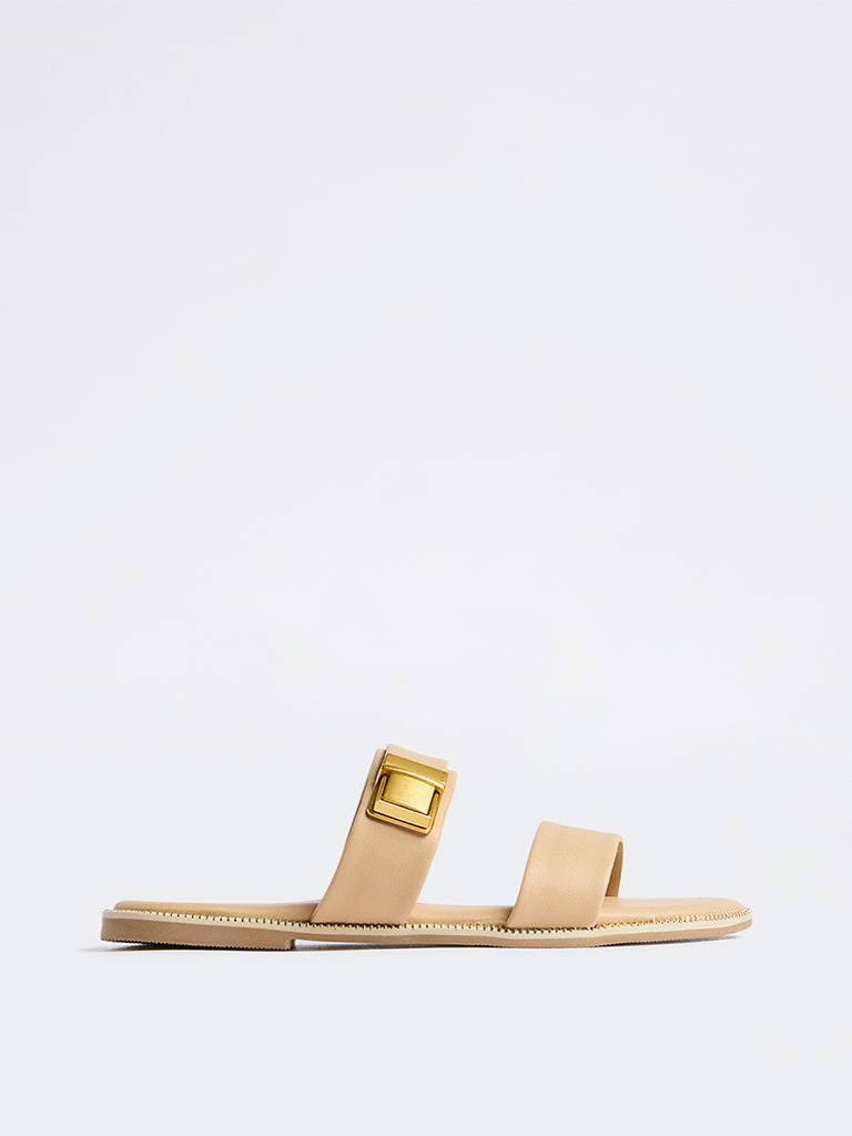 LUNA BLU Beige Turn-Lock Slides