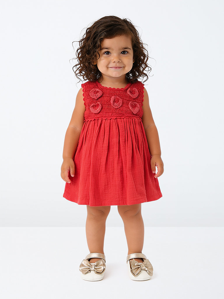 HOP Baby Girls Red Crochet Detailed Cotton A-Line Dress