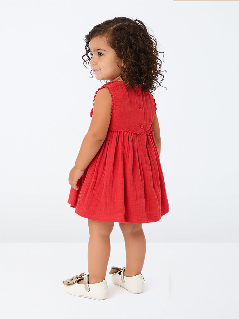HOP Baby Girls Red Crochet Detailed Cotton A-Line Dress