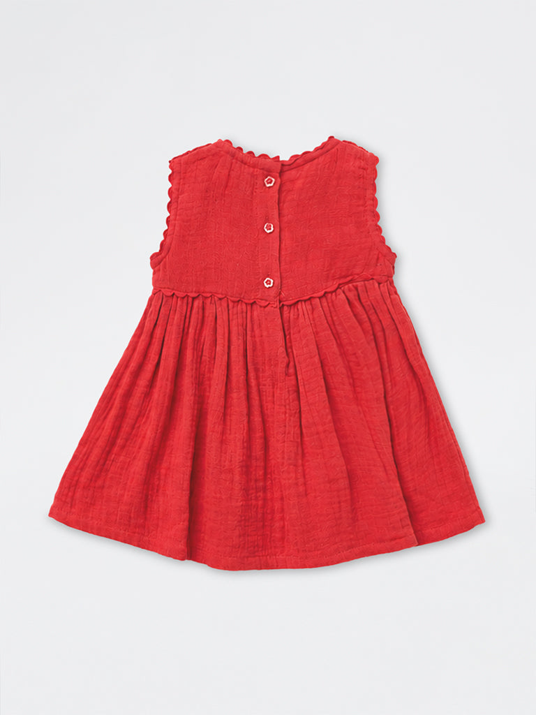 HOP Baby Girls Red Crochet Detailed Cotton A-Line Dress