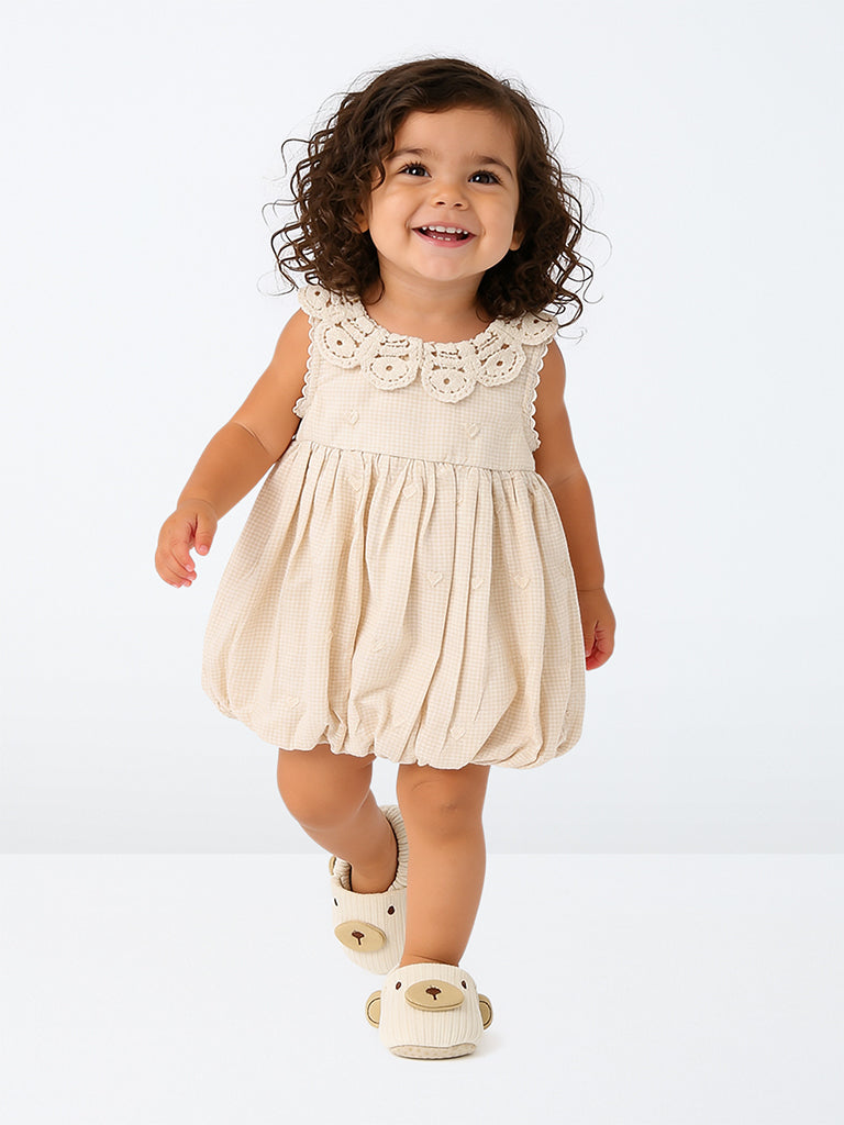 HOP Baby Girls Beige Checkered Cotton-Blend Bubble Dress