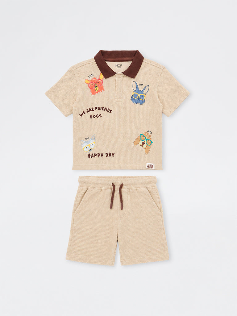 HOP Kids Boys Taupe Animal Printed Cotton T-Shirt and Shorts Set