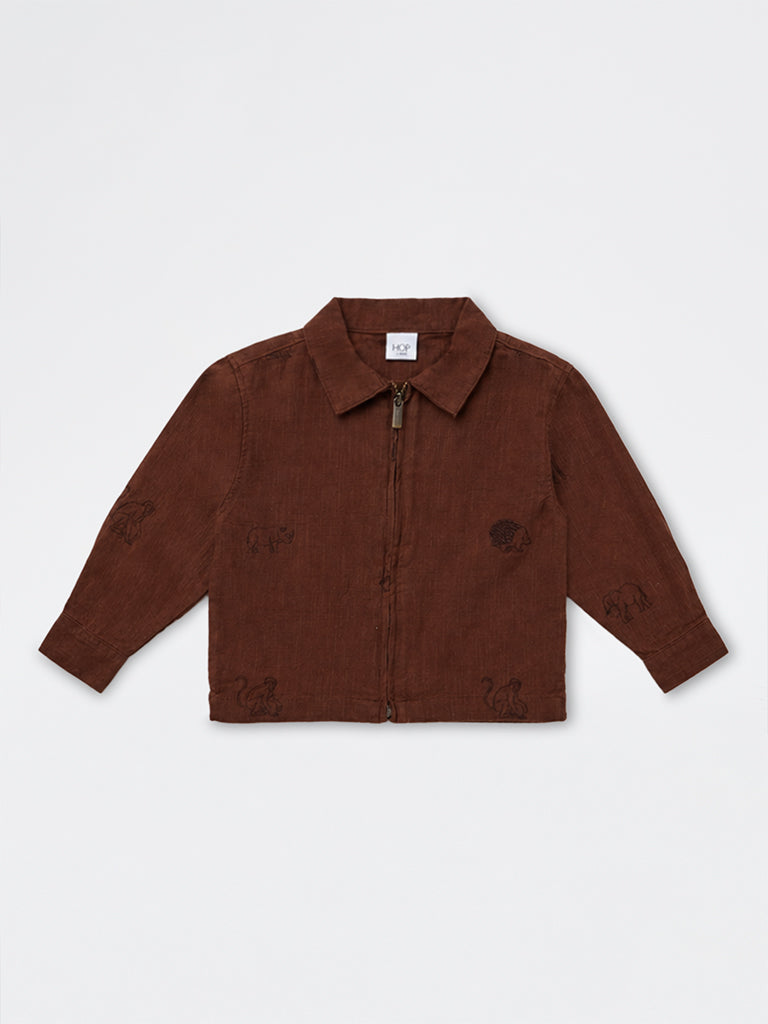 HOP Kids Boys Brown Animal Embroidered Cotton Jacket