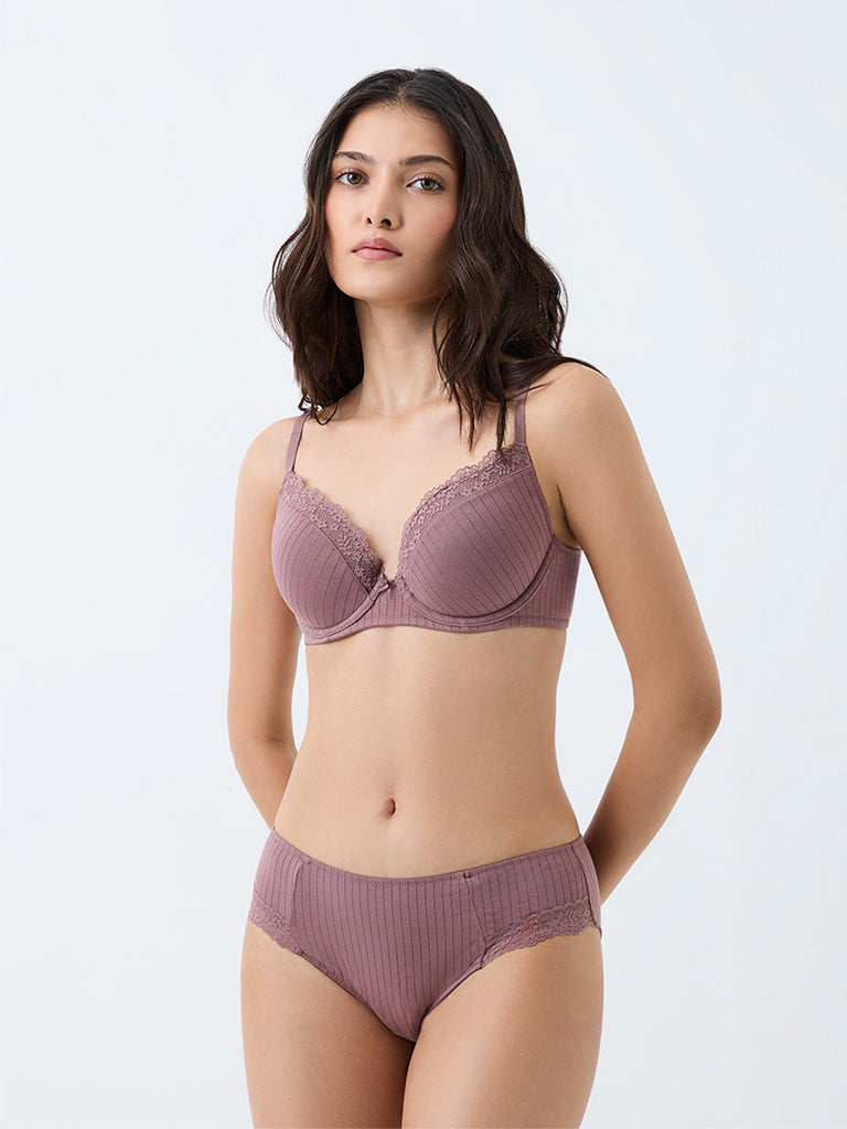 Wunderlove Dusty Mauve Self-Striped Underwired Cotton-Blend Bra
