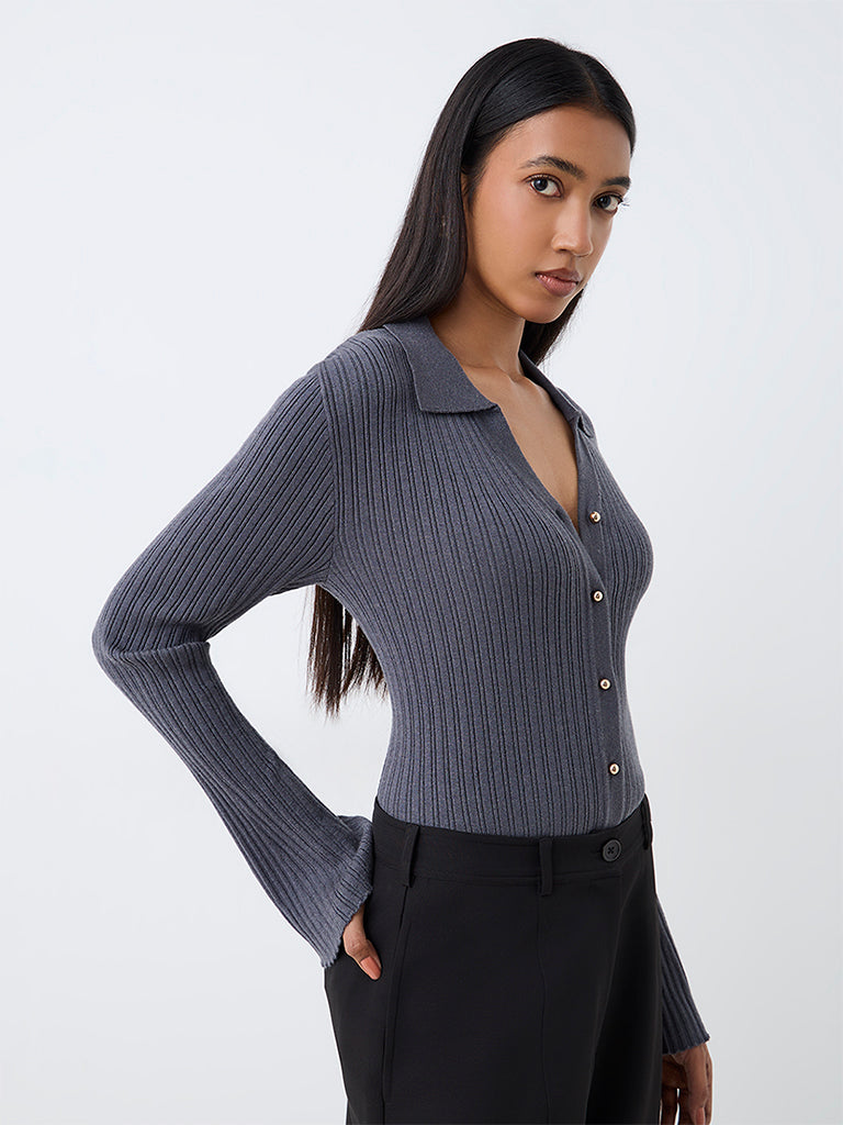 Wardrobe Dark Grey Ribbed-Knit Cardigan