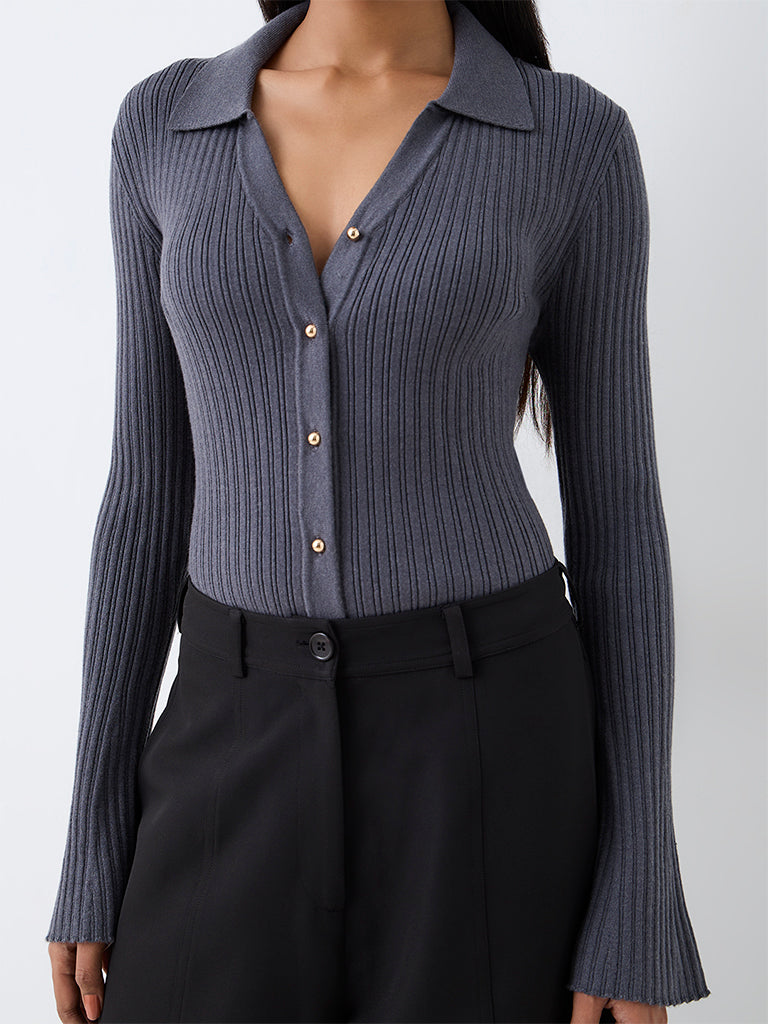 Wardrobe Dark Grey Ribbed-Knit Cardigan