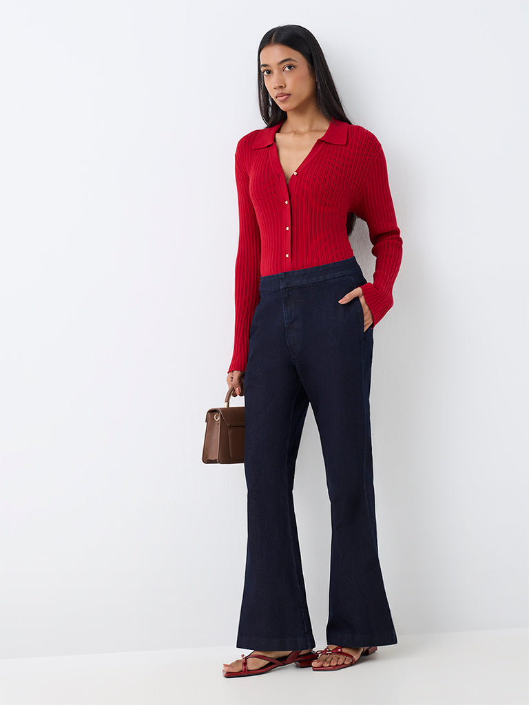 Wardrobe Red Ribbed-Knit Cardigan