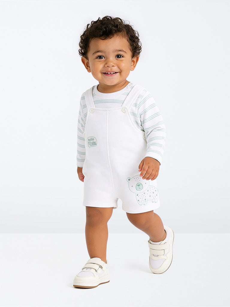 HOP Baby Boys White Animal Embroidered Cotton Dungaree with T-Shirt Set