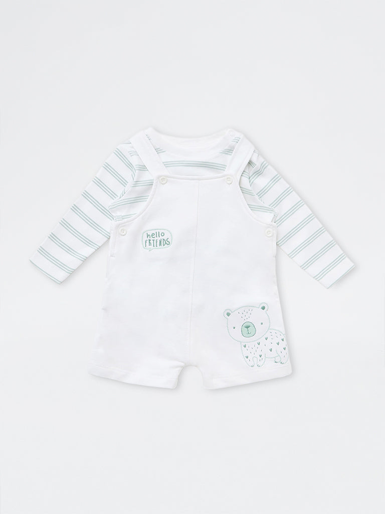 HOP Baby Boys White Animal Embroidered Cotton Dungaree with T-Shirt Set