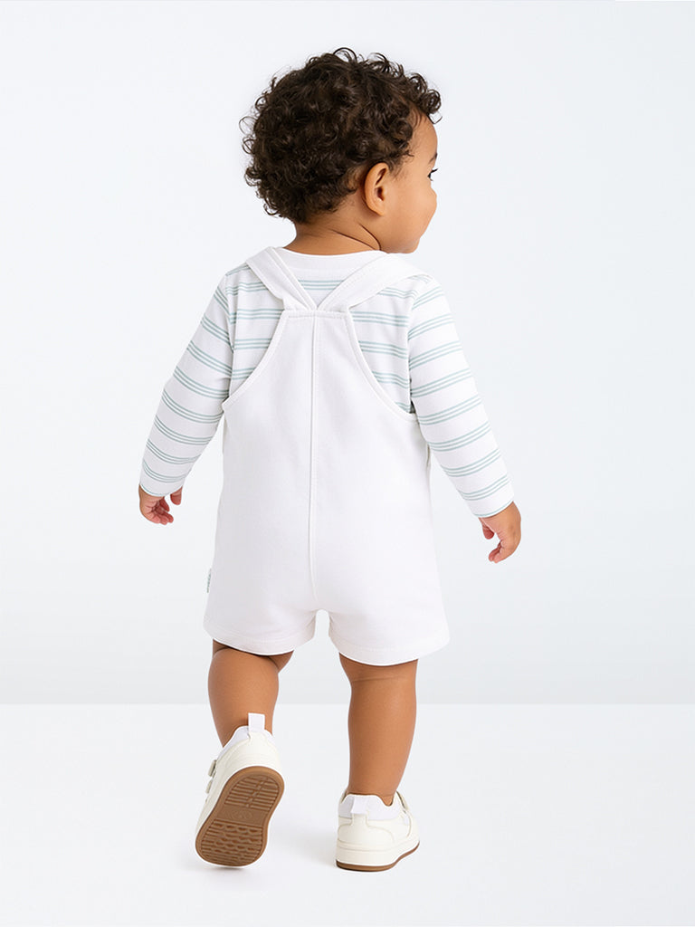 HOP Baby Boys White Animal Embroidered Cotton Dungaree with T-Shirt Set