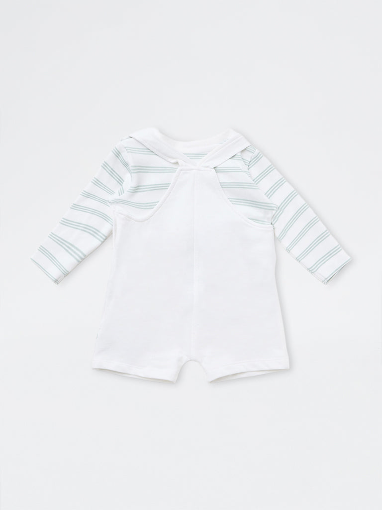 HOP Baby Boys White Animal Embroidered Cotton Dungaree with T-Shirt Set