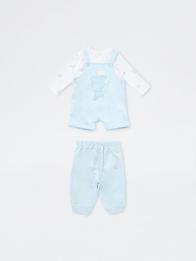 HOP Baby Boys Blue Printed Cotton Dungaree with T-Shirt and Joggers Set