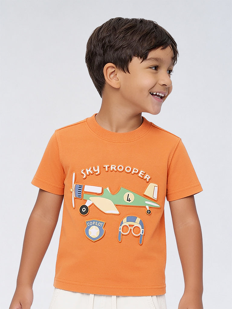 HOP Kids Boys Orange Aviation-Themed Cotton T-Shirt