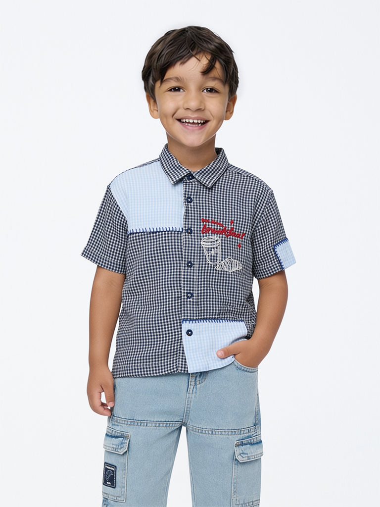 HOP Kids Boys Navy Checkered Cotton-Blend Shirt