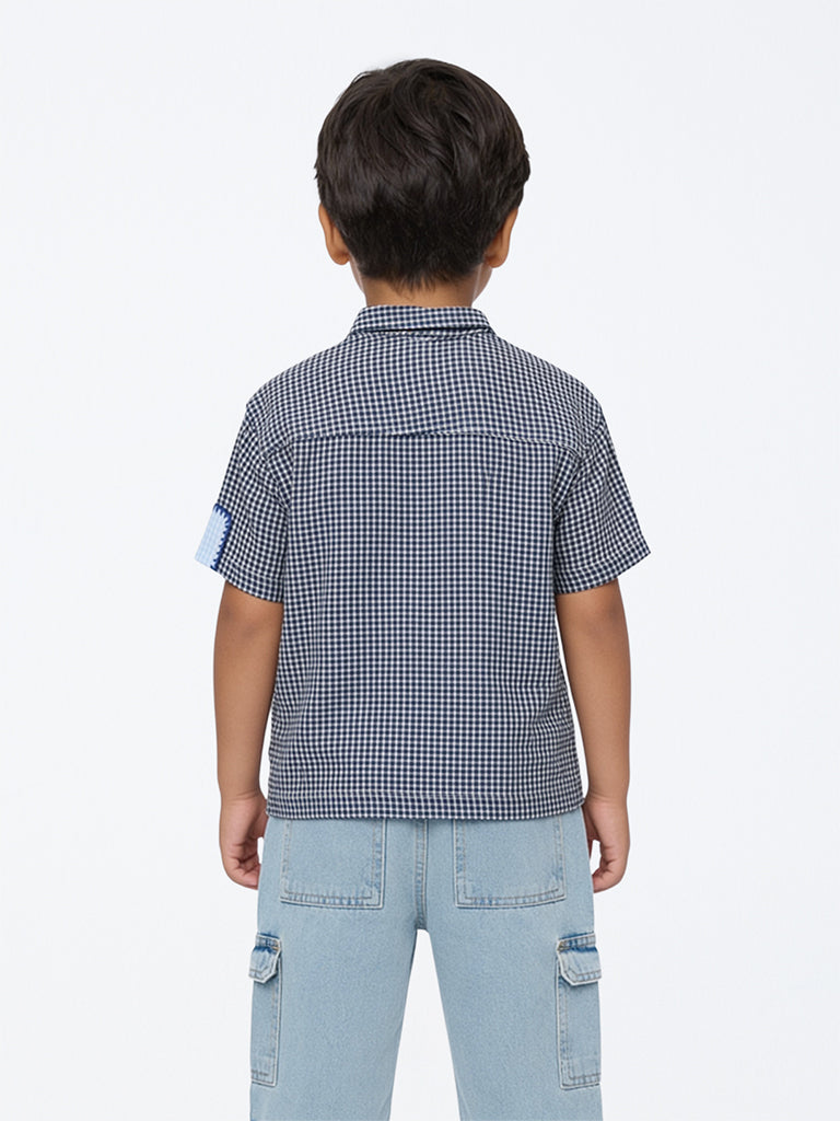 HOP Kids Boys Navy Checkered Cotton-Blend Shirt