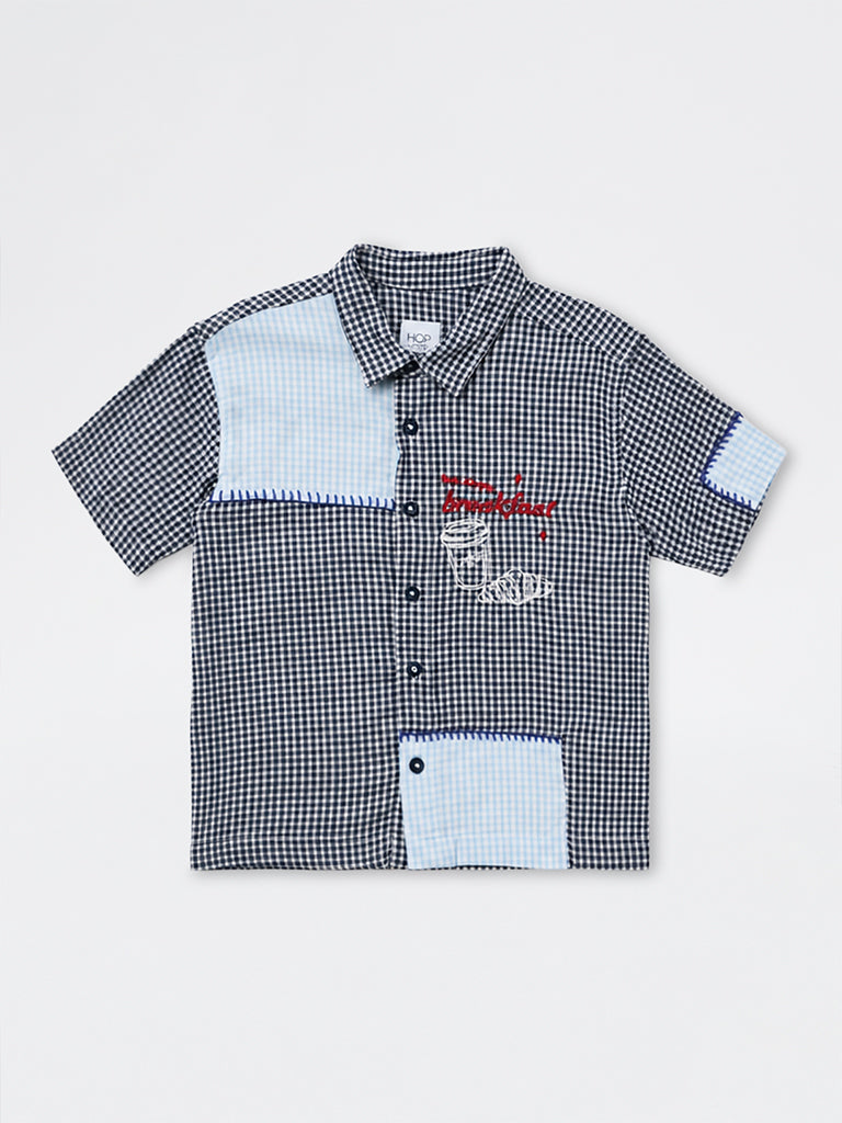 HOP Kids Boys Navy Checkered Cotton-Blend Shirt