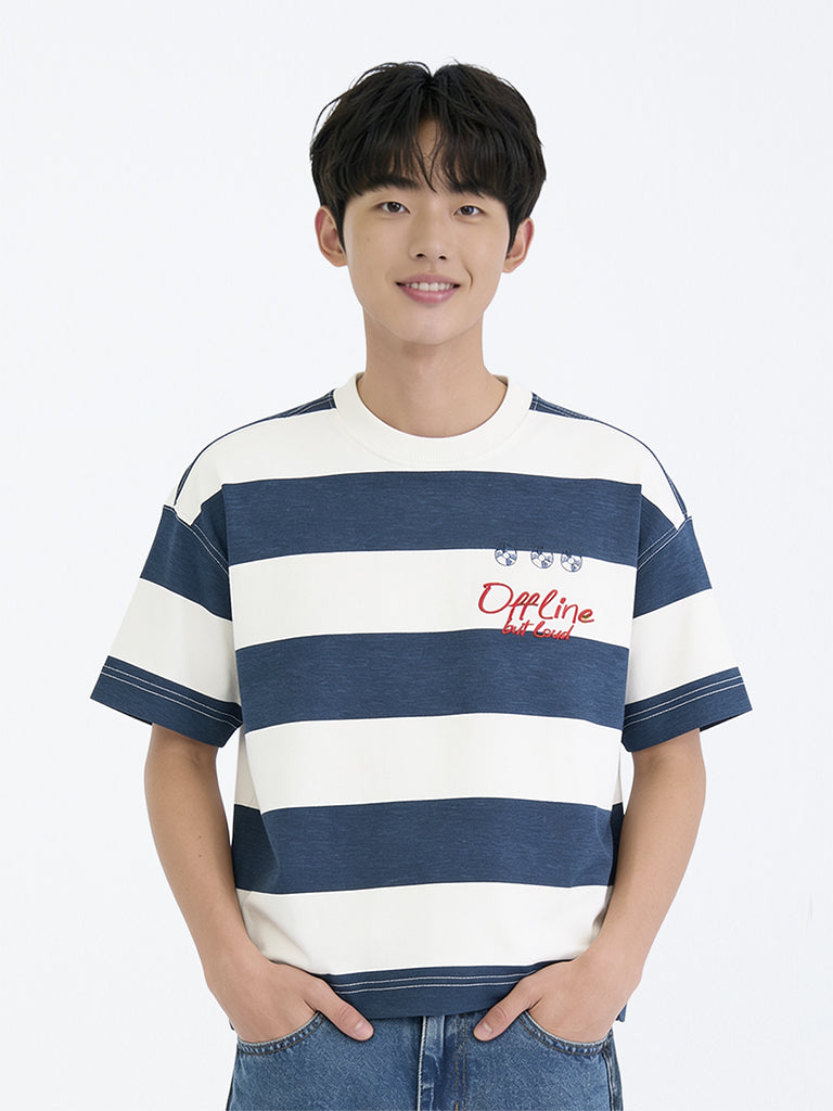 Boys Navy Striped Cotton T-Shirt
