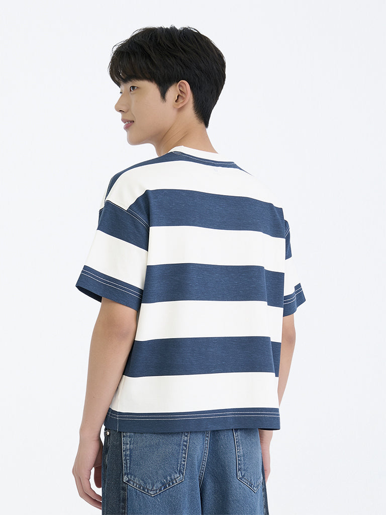 Boys Navy Striped Cotton T-Shirt