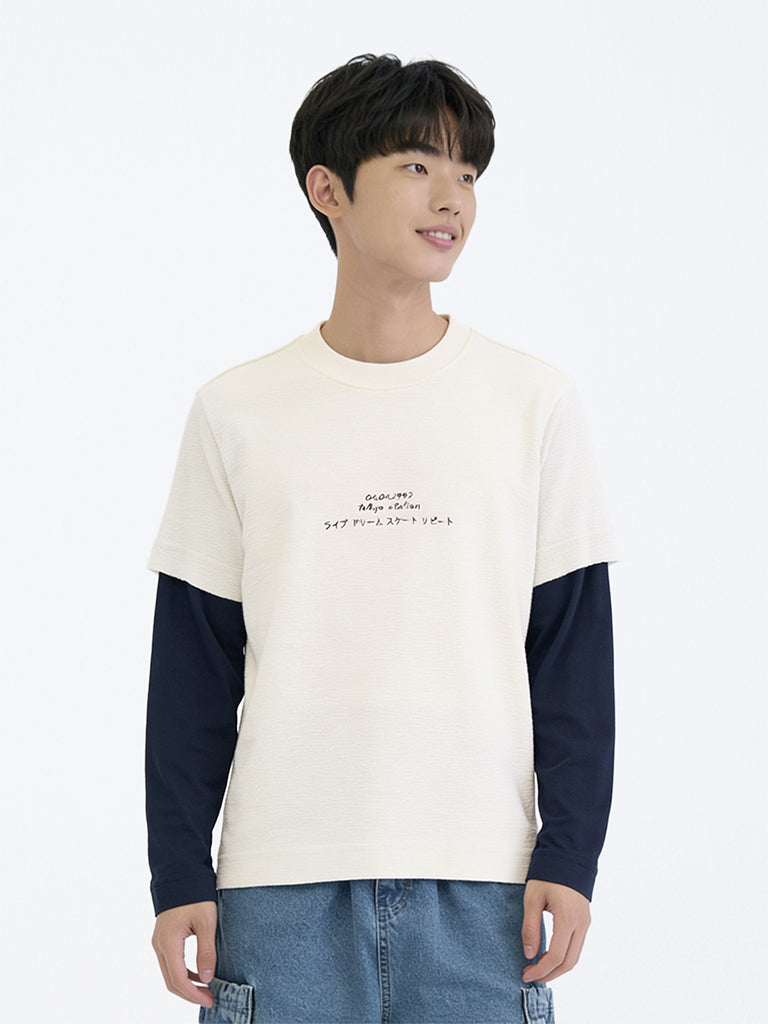 Boys Off-White Colour-Blocked Cotton T-Shirt