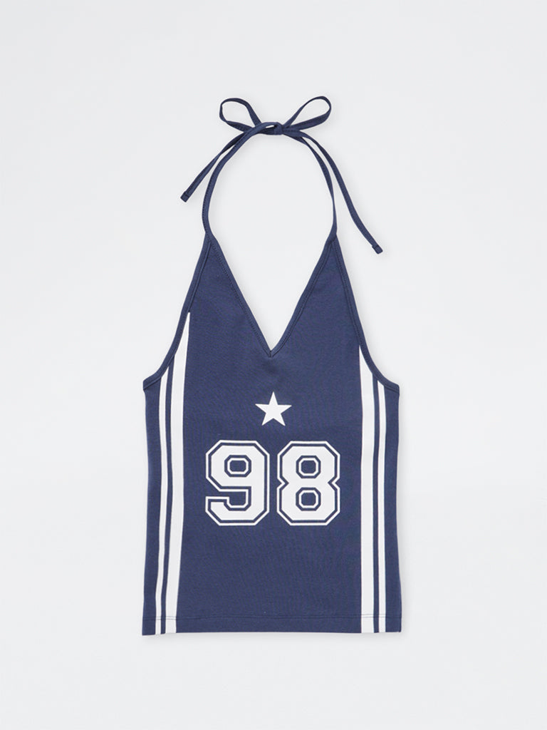 Girls Navy Numerical Printed Halter-Neck Cotton-Blend Top