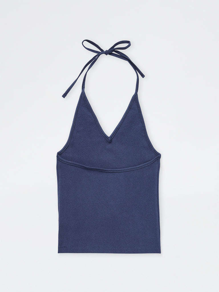 Girls Navy Numerical Printed Halter-Neck Cotton-Blend Top