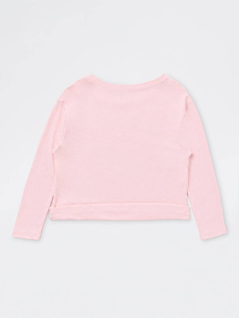 Girls Light Pink Embroidered One-Shoulder Cotton T-Shirt