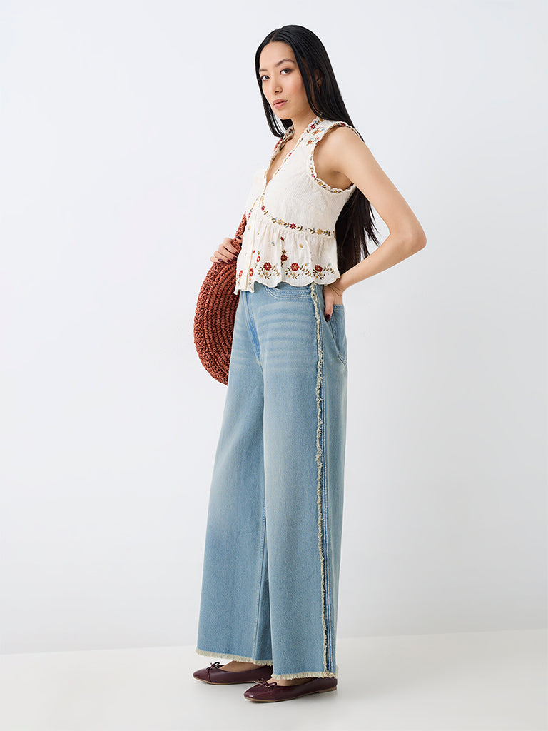 Bombay Paisley Light Blue Washed High-Waist Jeans with Frayed-Trims