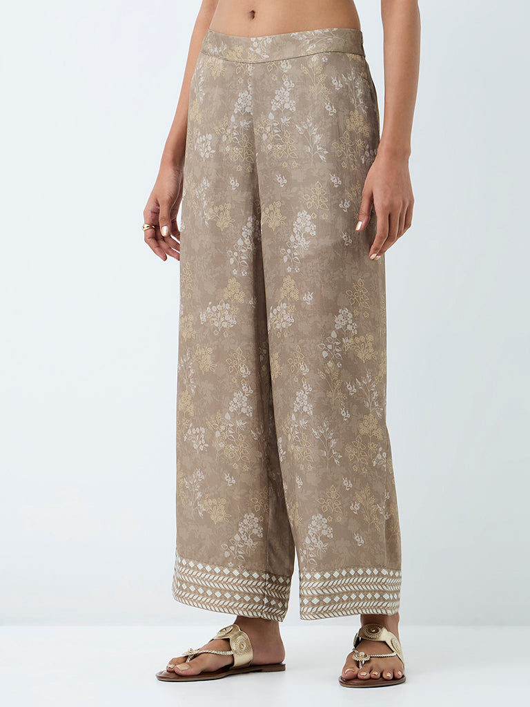 Zuba Grey Foliage Printed Pants