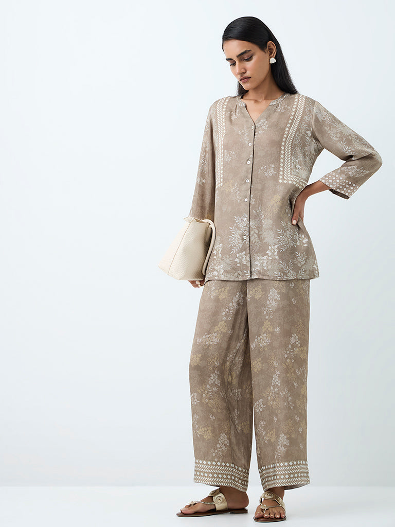 Zuba Grey Foliage Printed Pants