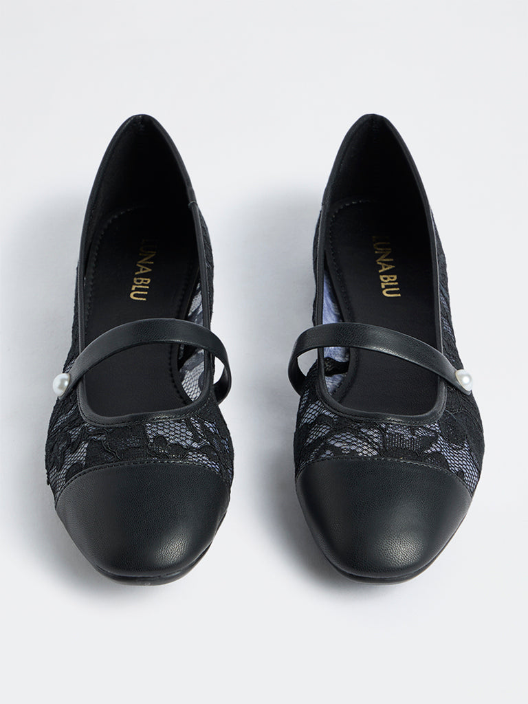 LUNA BLU Black Lace-Detailed Mary Jane Shoes