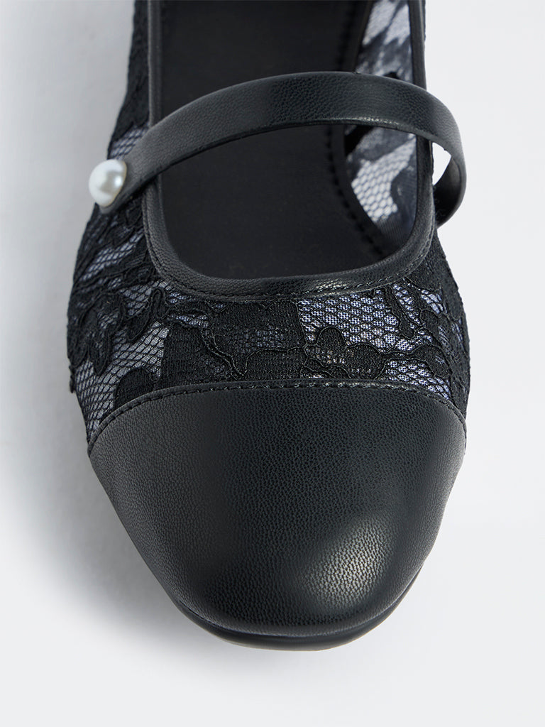 LUNA BLU Black Lace-Detailed Mary Jane Shoes