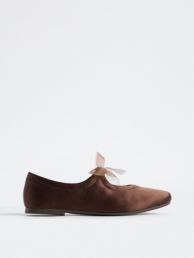 LUNA BLU Dark Brown Bow-Detail Satin Loafers
