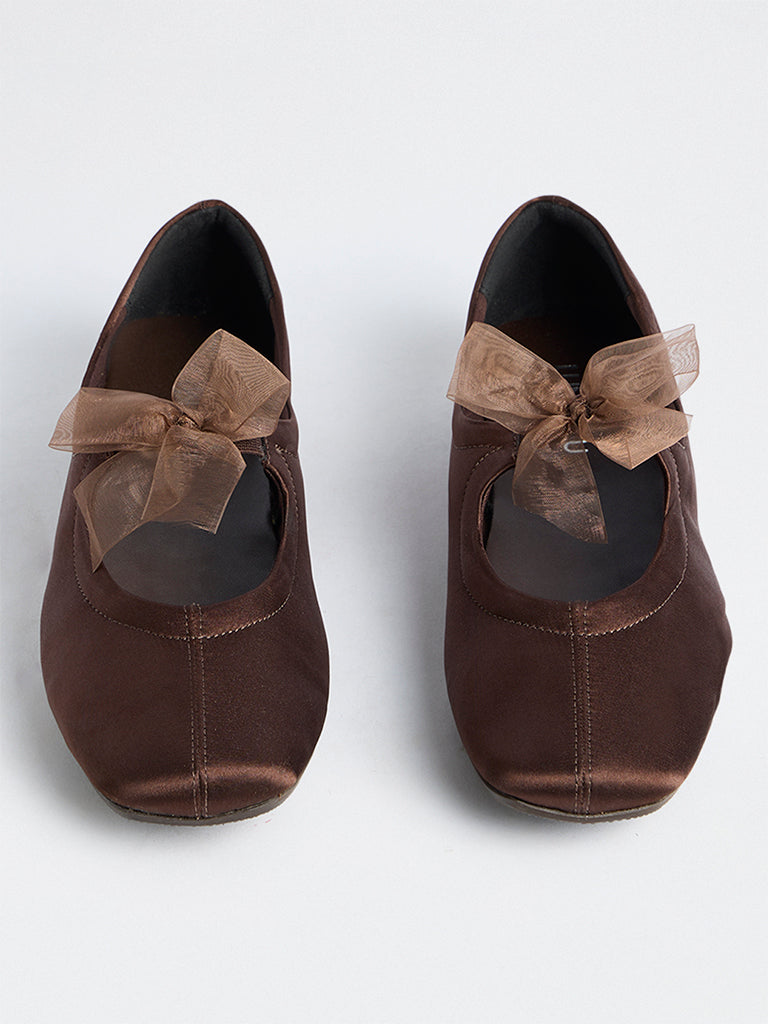 LUNA BLU Dark Brown Bow-Detail Satin Loafers