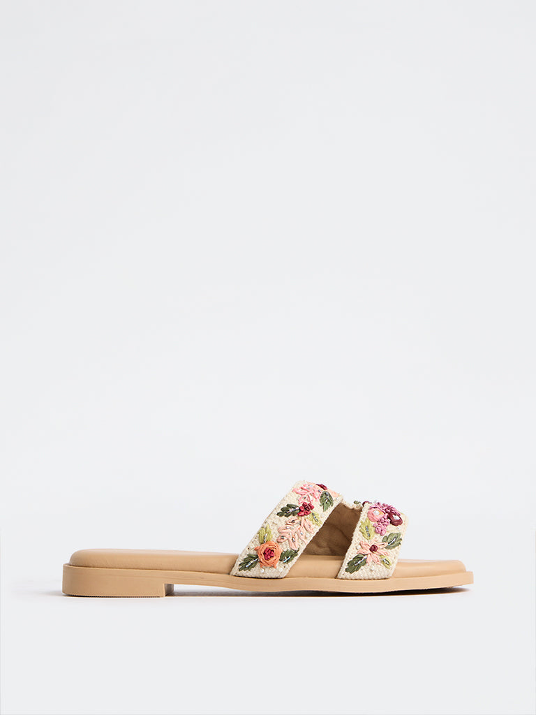 LUNA BLU Pink Floral Embroidered Slides