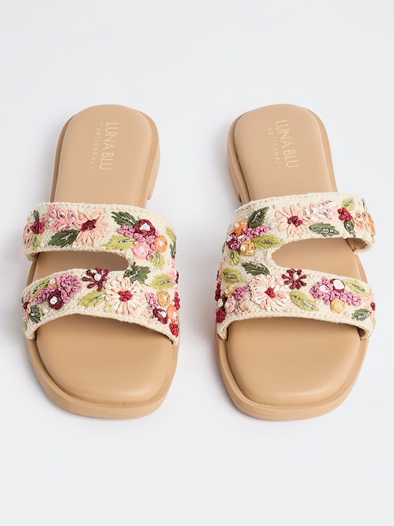 LUNA BLU Pink Floral Embroidered Slides