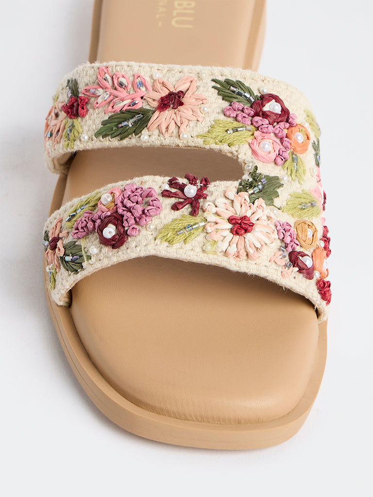 LUNA BLU Pink Floral Embroidered Slides