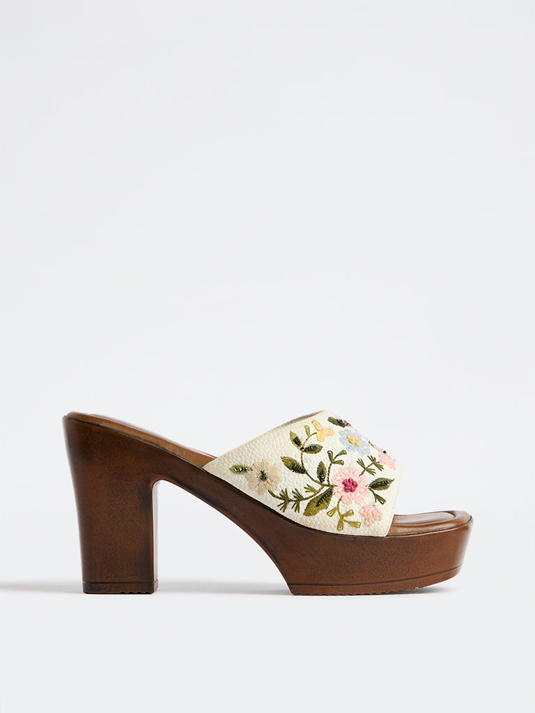 LUNA BLU Ivory Floral Embroidered Heel Sandals