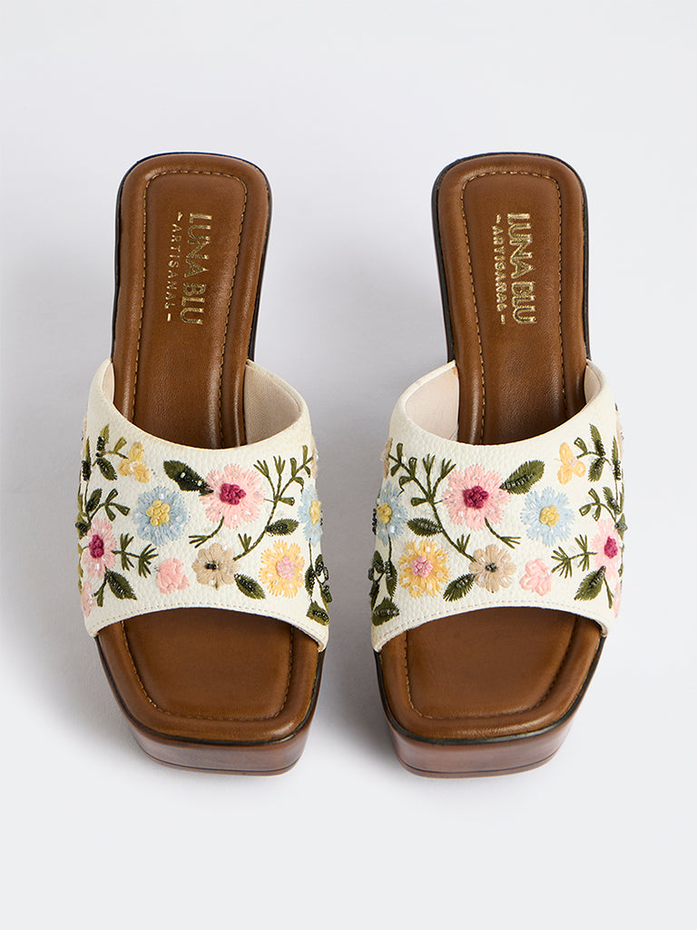 LUNA BLU Ivory Floral Embroidered Heel Sandals