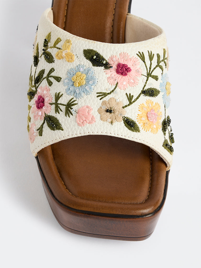 LUNA BLU Ivory Floral Embroidered Heel Sandals