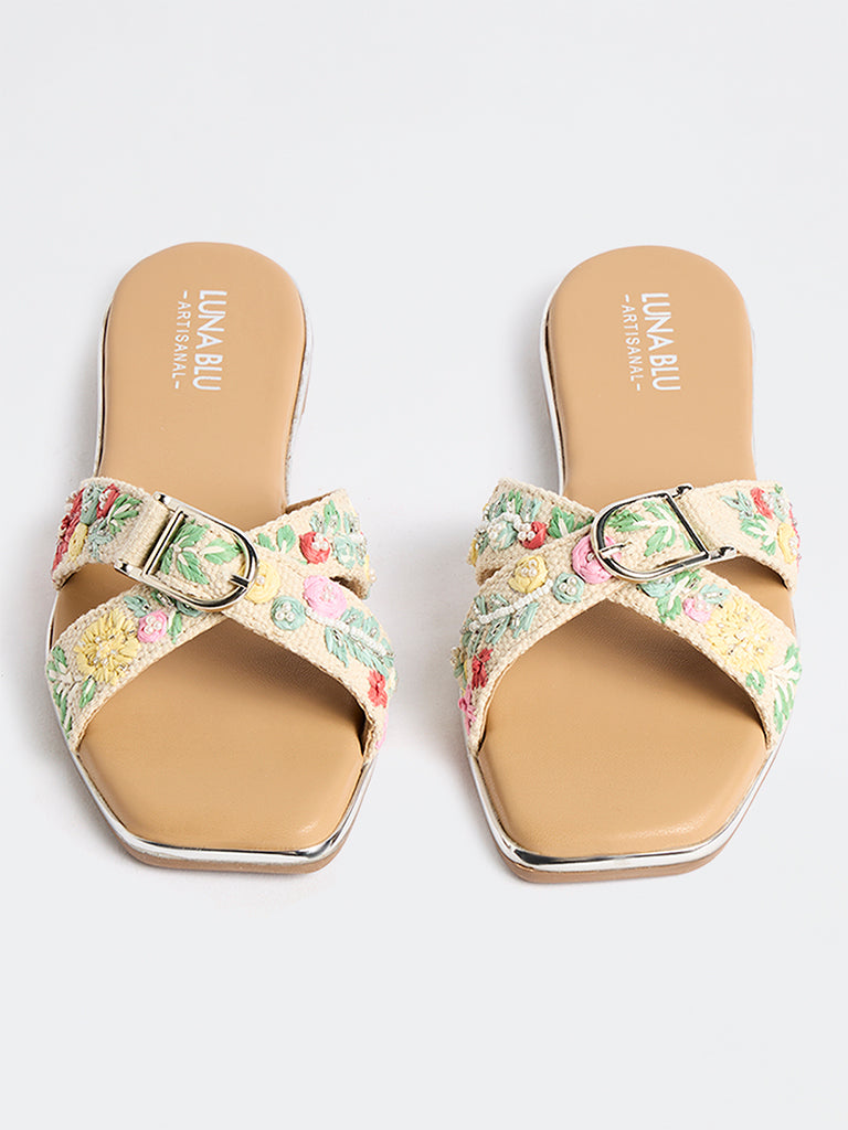 LUNA BLU Multicolour Floral Embroidered Criss-Cross Slides