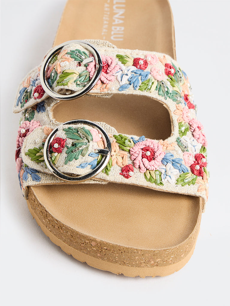 LUNA BLU Pink Floral Embroidered Dual-Strap Sandals
