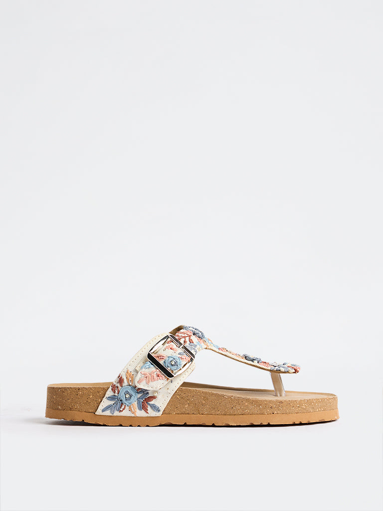 LUNA BLU Blue Floral Embroidered Thong-Strap Sandals