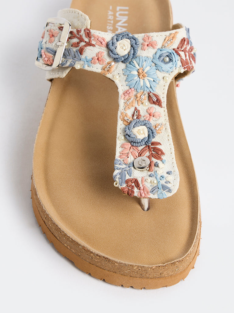 LUNA BLU Blue Floral Embroidered Thong-Strap Sandals