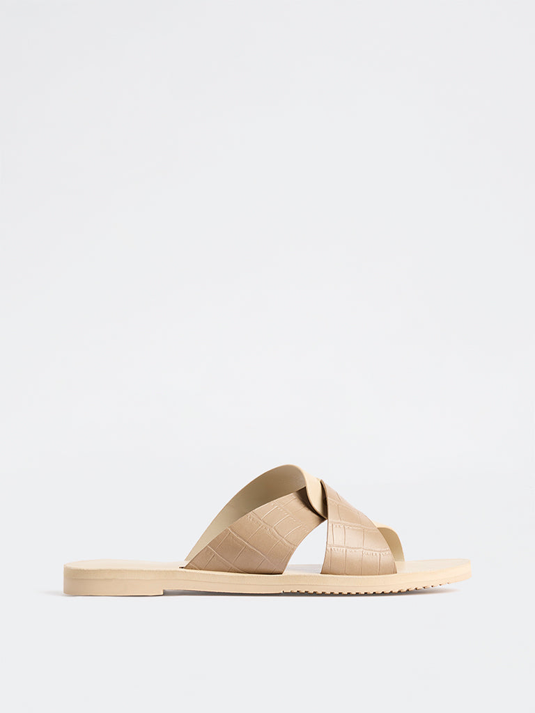 LUNA BLU Light Beige Lock Pattern Slides