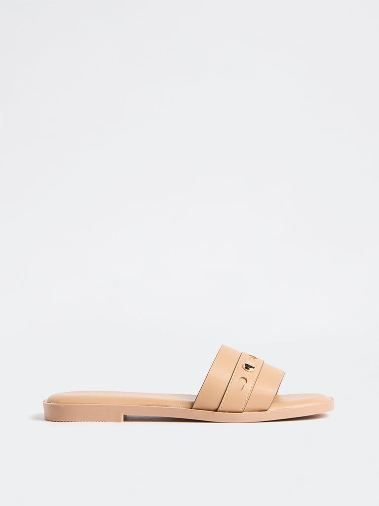 LUNA BLU Beige Stud-Detailed Slides