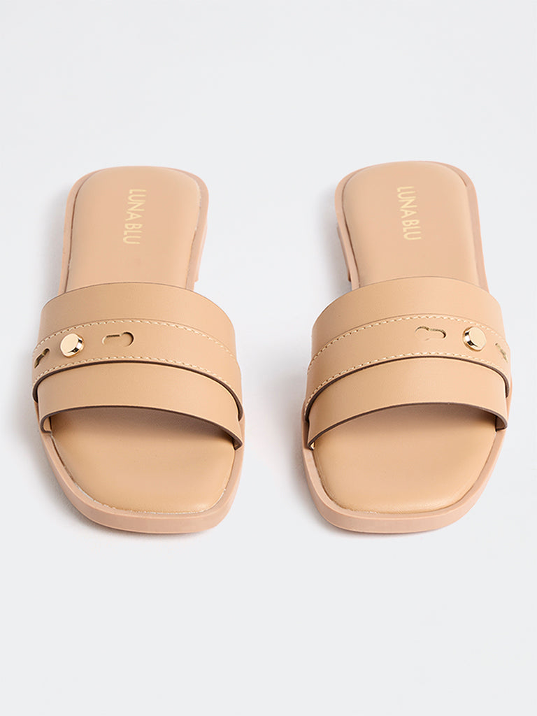 LUNA BLU Beige Stud-Detailed Slides