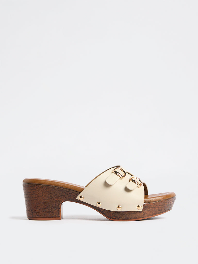 LUNA BLU Ivory Buckle Detailed Block-Heel Sandals