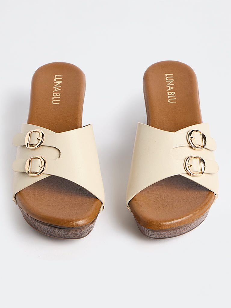 LUNA BLU Ivory Buckle Detailed Block-Heel Sandals