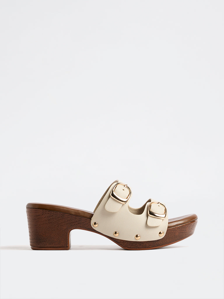 LUNA BLU Ivory Dual-Buckle Block Heel Sandals